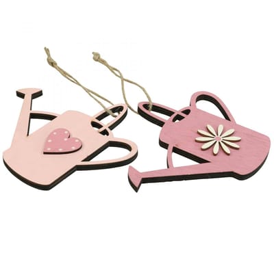 Hangende decoratie houten gieter deco roze deco hanger 14x12cm 6st, 6
