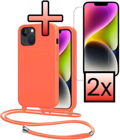 Hoes Geschikt voor iPhone 13 Mini Met Telefoonkoord Met 2x Screenprotector - Siliconen Hoesje Backcover Met Ketting - Papaya