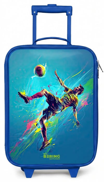 NoBoringSuitcases.com® - Kinderkoffer blauw - Kindertrolley jongen - Neon - Voetbal - Schop - Kleurrijk - Koffer kind lichtgewicht - Reiskoffer trolley voor kinderen - Koffertje met lichtgevende wieltjes - Rolkoffer
