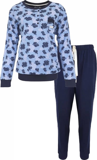 Medaillon Dames Pyjama - Katoen - Polo Sluiting - Blauw - Maat L