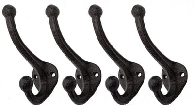 Set van 4 Gietijzeren Dubbele Wandhaken in Antieke Stijl 11 cm Donkerbruin Nostalgisch Landhuis