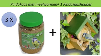 Bird-Feeder - Mix 3 Potten Pindakaas voor Vogels + 1 VoederHuisje voor Pindakaaspot - Tuin Vogelvoeder Top Product - Diverse Mix van Pinda