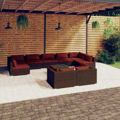 vidaXL - 10-delige - Loungeset - met - kussens - poly - rattan - bruin