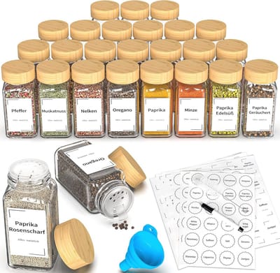 Glazen Kruidenpotjes set van 24 met Bamboe Deksel en Labels - Perfect voor Keukenorganisatie