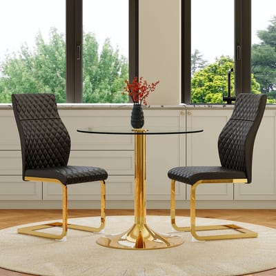 MIVRAY Eettafelset 85 cm - Ronde Glazen Tafel Met 2 Eetkamerstoelen - Voor Eethoek En Horeca - Metaal PU Zwart Goud