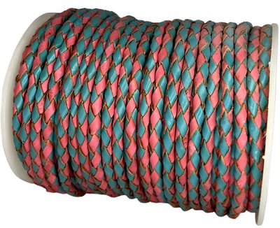 Gevlochten Leren Koord Rond, 10 m x 4 mm - Rond Gevlochten Lederen Koord, Voor Halskettingen, Armbanden, Sieraden, Knutselkralen en Veters (Rose & Blauw)