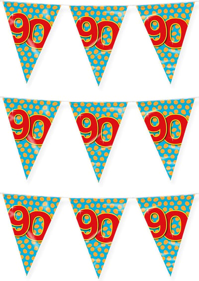 Paperdreams verjaardag 90 jaar thema vlaggetjes - 3x - feestversiering - 10m - folie - dubbelzijdig