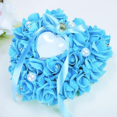 Dailygoods- Ringkussen Romantisch - Hartvorm Ringdoosje - Strass-Steentjes - Rozenband - 18 x 17 cm - Duurzaam Schuim - Trouwringkussen