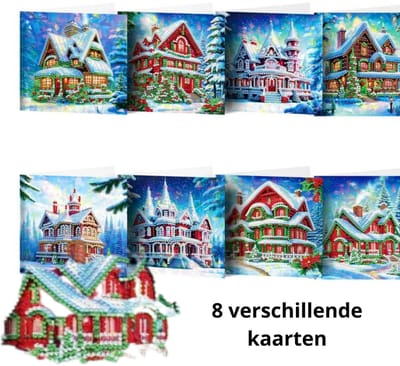 IZGO Diamond Painting Kaarten – 8 Wenskaarten met envelop - Zonder Tekst - Volwassenen – Volledig Hobby Pakket - Diamant schilderen - Kerst Huisjes