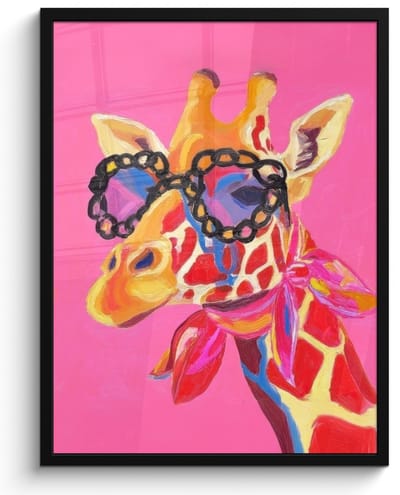 Poster in lijst - Fotolijst 60x80 cm - Posters - Giraf - Roze - Bril - Sjaal - Posterlijst zwart - Decoratie - Wanddecoratie woonkamer - Muurdecoratie slaapkamer