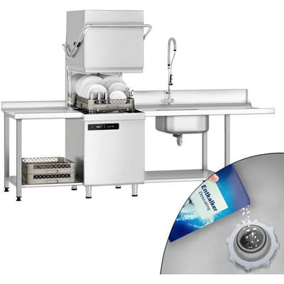 GGM Gastro Durchschubspülmaschine - Digital - 7,1 kW - inkl. Zulauftisch rechts, Auslauftisch links & Entkalker - mit Reiniger- & Klarspülerpumpe