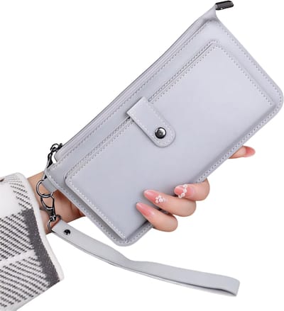 Mode Dames Portemonnee met Eenvoudige Rits – Grijs – Lange Clutch Portemonnee van Zacht Kunstleer – Stijlvolle Geldtas met Kaarthouder voor Pasjes, Contant Geld en Telefoon