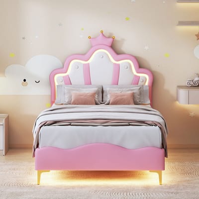 Kinderbed met ledverlichting, 90 x 200 cm, prinsessenbed met kroonhoofdeinde voor meisjes, PU, ​​roze, zonder matras
