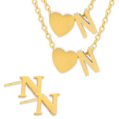 Initiaal Ketting & Armband & Oorbellen set met Letter N Goudkleurig - Stainless Steel - Met letter & Hartje! - 3x Sieraden Cadeau - Pax Amare