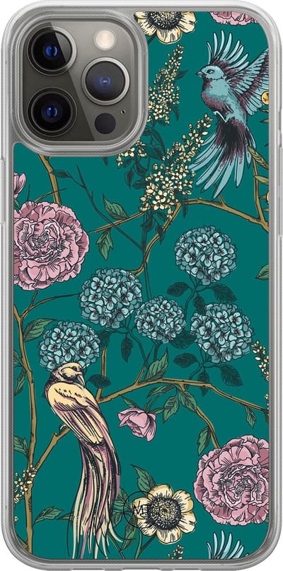 Hybride hoesje geschikt voor iPhone 12- Vogels Japanse bloemen - Extra bescherming - Luxe beschermhoes - TPU case - Transparant, Grijs, Groen - Mooie Telefoonhoesjes
