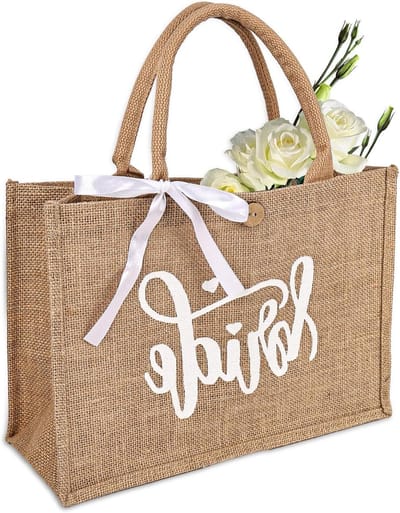 Allecto Plus - Jute draagtas met Bride opschrift en wit lint voor dames - Ideaal voor bruiloften en feesten - Herbruikbare jute tas - Leuk voor vrijgezellenfeesten en huwelijksreis - Unieke bedrukte tas.