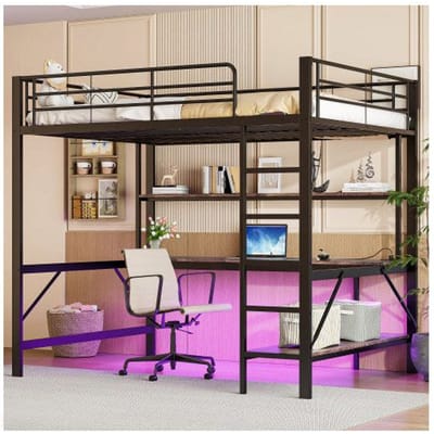Verhoogd bed - MUVOE - 140x200 cm - Zwart - USB- en stopcontacten - 7-kleurige verlichting zwart