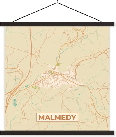 Posterhanger incl. Poster 60x60 cm - Schoolplaat - Stadskaart - Vintage - Kaart - Plattegrond - Malmedy - Textielposter - Zwarte latten - Stadskaart