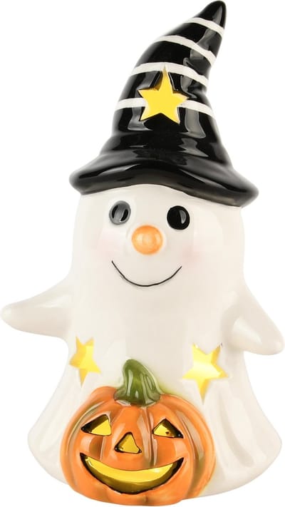 Dekoratief | Spookje m/pompoen, wit, dolomiet, LED, 10x9x16cm | A245710