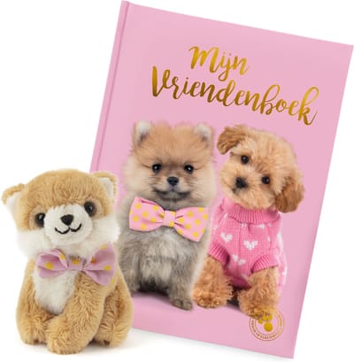 Studio Pets® set honden vriendenboek en mini knuffel Pomeriaan PomPom 8 cm met koffertje – invulboek en knuffel voor kinderen