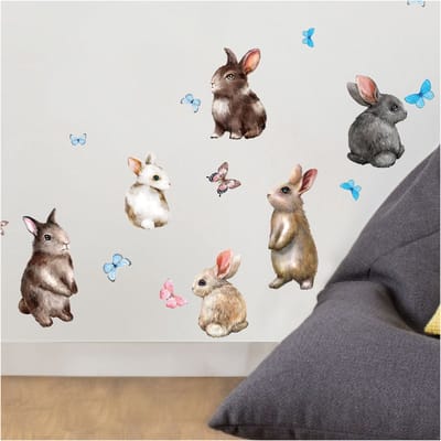 Muurstickers - Konijnen en vlinders - Transparante achtergrond - 80x105cm
