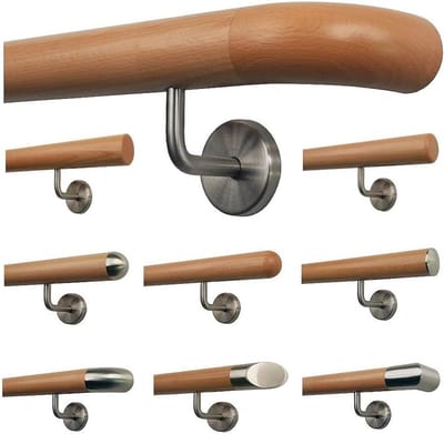 Beuken Trapleuning - Houten Leuning - Veilige Trapopgang - Roestvrijstalen Houders - 42 mm Diameter - Houtkleur