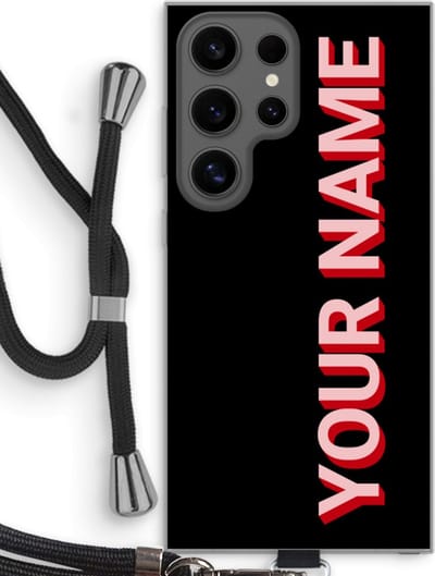 Gepersonaliseerd - Case Company® - Hoesje met koord geschikt voor Samsung Galaxy S24 Ultra hoesje met Koord - Namecase - Telefoonhoesje met Zwart Koord - Bescherming aan alle Kanten en Over de Schermrand