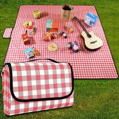 Famanu - Picknickdeken, waterdicht, strandtapijt, picknickmat, wasbaar, lichtgewicht, met handgreep, roodgeruit, voor wandelen, reizen, buiten kamperen, parken, 200 cm x 200 cm