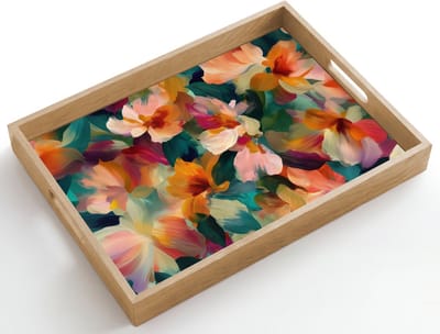 Dienblad hout 50x35 cm - Schootdienblad - Harmonieus - Abstracte bloemen - Warme tinten - Borrelplank rechthoek - Plateau dienbladen