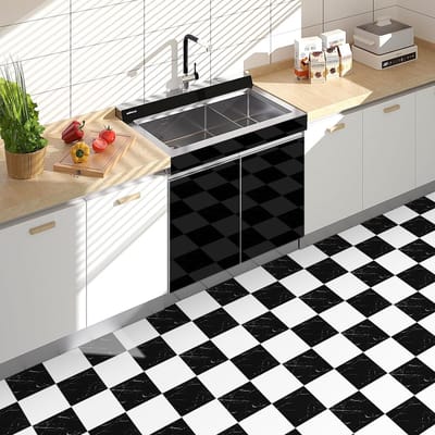 PVC-vloerbedekking, zelfklevende vinylvloer, reiniger, waterdichte vloerbedekking voor woonkamer, slaapkamer, keuken en badkamer, vloerplanken, wit en zwart, 30 x 30 cm, dikte 1 mm, 10 stuks