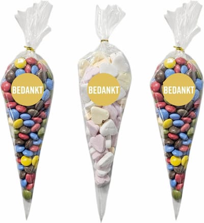 50x Cellofaan Puntzakken 30x16cm + 60 Stickers Bedankt - Puntzak Doorzichtig - Traktatie Zak - Uitdeelzak - Snoepzak - Inclusief Sluitstrips - 16x30cm - 50 Stuks