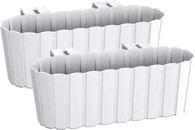 Balkon plantenbak/bloembak - Set van 2x stuks - met haken - kunststof - rechthoekige - wit - 38 cm - Tuin/balkon decoraties