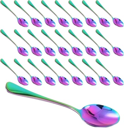 Dailygoods - 25 stuks theelepels regenboog, 13,5 cm lange roestvrijstalen tafellepel met kleurrijke titanium coating, koffielepel, espressolepel, mueslilepel, mini-lepel, soeplepels voor thee, koffie