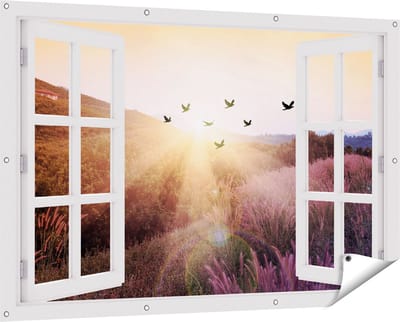 Gards Tuinposter Doorkijk Silhouet Zwerm Vogels bij Zonsondergang - 150x100 cm - Tuindoek - Tuindecoratie - Wanddecoratie buiten - Tuinschilderij