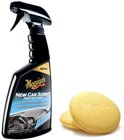 Meguiar’s New Car Scent Protectant Spray 473ml (G4216) + Foam Applicator Pads (4 stuks) – Interieurreiniger & Beschermer – UV Bescherming – Voor Kunststof, Vinyl & Rubber – Nieuwe Auto Geur