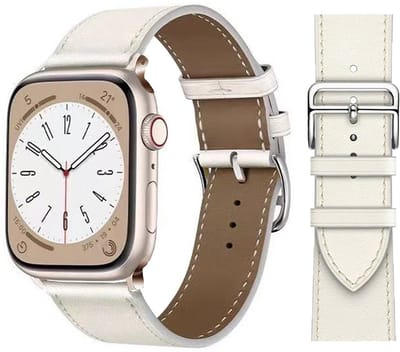 Stravo Premium Slank Leren Bandje - Geschikt voor Apple Watch 42mm (Series 11/10), 41mm (Series 9/8/7), 40mm (Series 6/5/4, SE 3/2/1), 38mm (Series 3/2/1) - Dun Leather Horlogebandje van Echt Leer met RVS Gesp - Wit