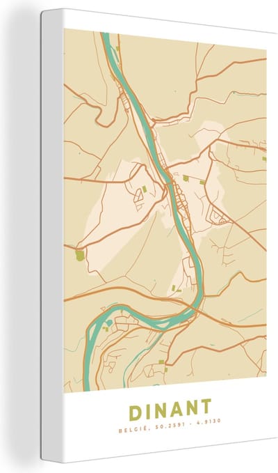 Canvas Schilderij Kaart - Stadskaart - Plattegrond - Retro - Dinant - 20x30 cm - Wanddecoratie