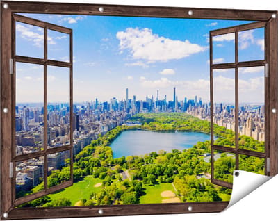 Gards Tuinposter Doorkijk Central Park in New York met Wolkenkrabbers - 120x80 cm - Tuindoek - Tuindecoratie - Wanddecoratie buiten - Tuinschilderij
