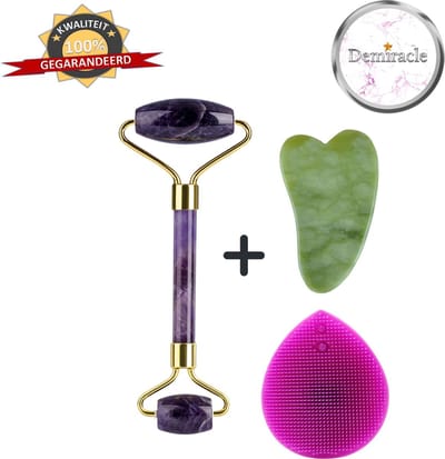 Demiracle Amethist Face Roller met Gua Sha Schraper en Paarse Siliconen Gezichtsborstel - Gezichtsroller - Massage Roller - Jade Roller - Rimpelverwijdering - Ontspanning