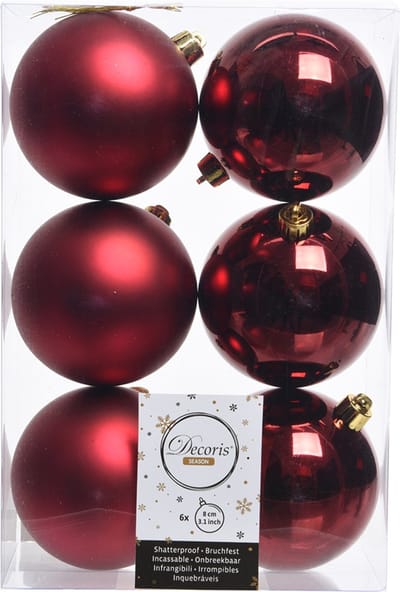 Decoris Kerstballen - 6x st - donkerrood - 8 cm - kunststof - mat/glans - kerstversiering