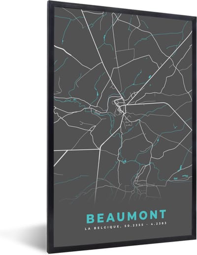 Fotolijst incl. Poster - Stadskaart – Grijs - Kaart – Beaumont – België – Plattegrond - 40x60 cm - Posterlijst