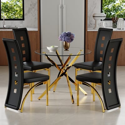 MODENUIT Ronde Eettafelset 88 cm - Tafel Van Gehard Glas Met 4 Stoelen - Voor Eetkamer En Keuken - Glas - Zwart