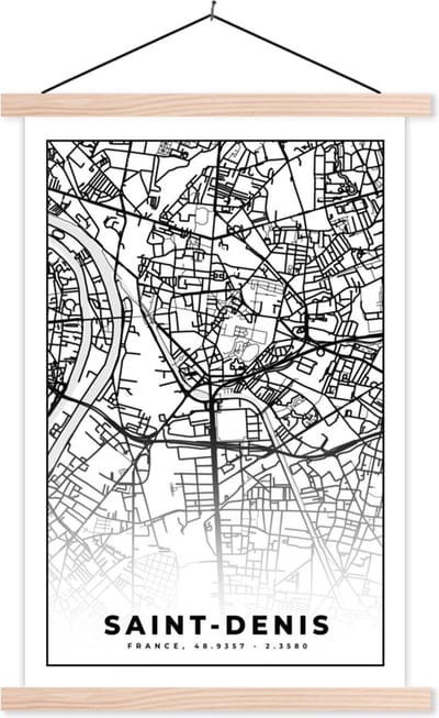 Posterhanger incl. Poster 40x60 cm - Schoolplaat - Plattegrond - Kaart - Frankrijk - Saint-Denis - Stadskaart - Zwart wit - Textielposter - Blanke latten - Stadskaart