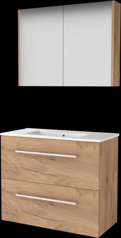 Basic Comfort 39 badmeubelset met spiegelkast, wastafelonderkast met grepen, 2 lades en porseleinen wastafel met 1 kraangat 80 x 39 cm, whisky oak