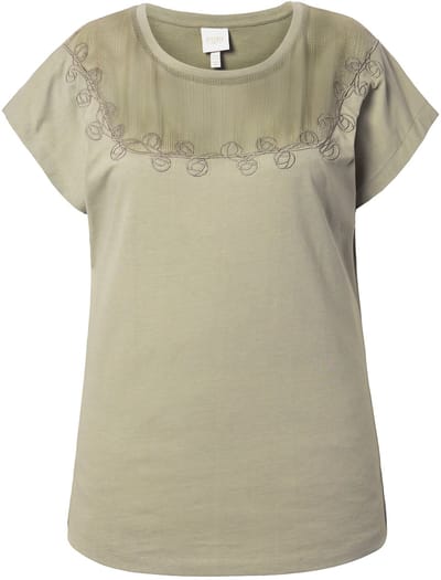 Ulla Popken - Dames - T-shirt gehaakt inzetstuk ronde hals korte mouwen - Licht kaki - Maat 42+