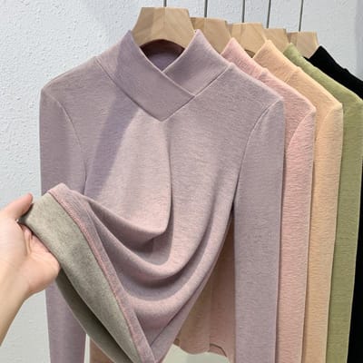 Sous-pull à col mi-haut Vêtements pour femmes T-shirt brossé Chaud Velours allemand Haut intérieur 3XL violet