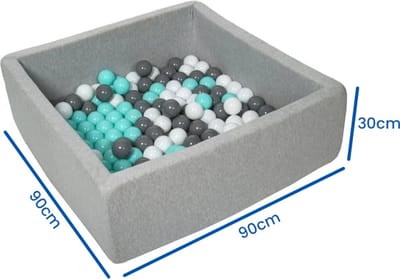 Ballenbak vierkant - grijs - 90x90x30 cm - met 150 wit, grijs en turquoise ballen - Zacht foam en wasbare hoes