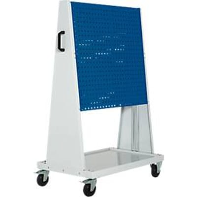 Verrijdbaar Perfo Rack Plus systeem met geperforeerde panelen, 4 geperforeerde panelen, bodemplaat, duwbeugel, B 1000 x D 650 x H 1600 mm, staal, lichtgrijs RAL 7035/genziana blauw RAL 5010