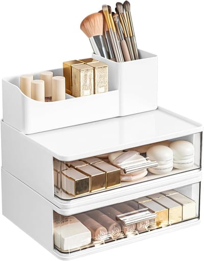 Make-up Organizer met 2 Laden, Stapelbare Cosmetica Organizer voor Badkamer, Huidverzorging en Make-up Opslag voor Borstels, Oogschaduw en Lippenstift (Wit)
