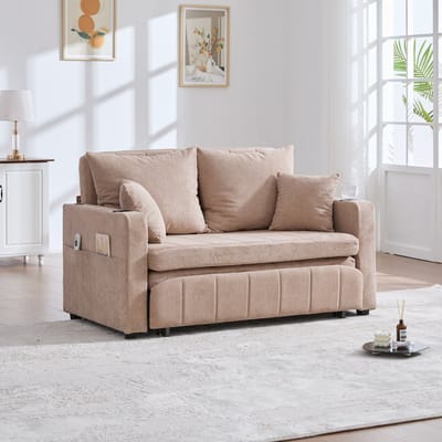 MODFU Slaapbank - Uitschuifbaar - Met Opbergtassen, USB-Oplaadfunctie En Bekerhouders - Chenille - Khaki - 139 x 83 x 58 cm